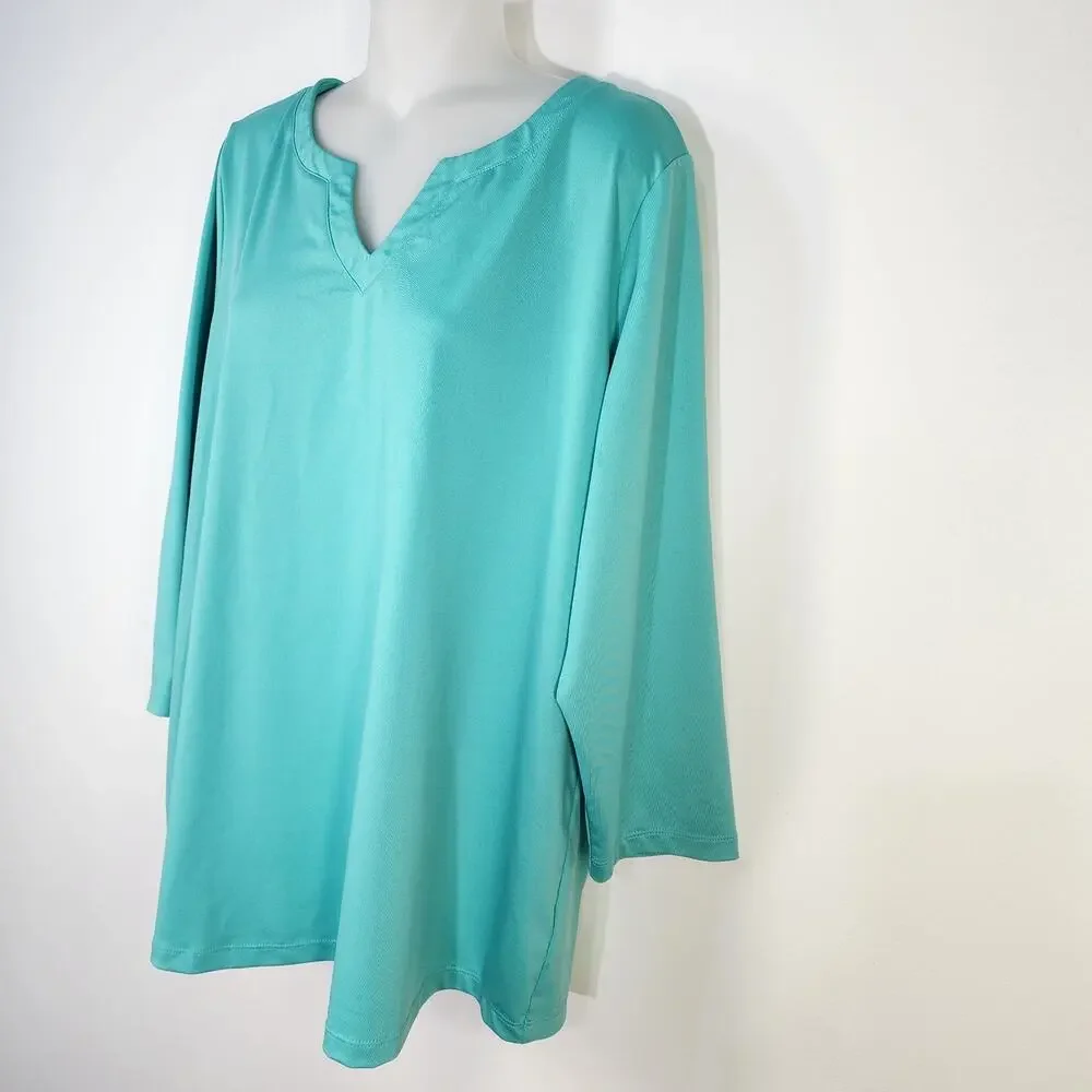 Susan Graver Essentials Top Womens Large Butterknit 3/4 Sleeve Split Neck Green